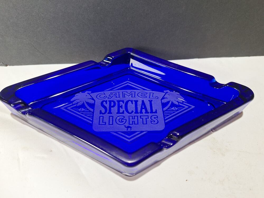 Vintage Camel Special Lights Cobalt Blue Glass Ashtray 7.5” Tobacco Advertising